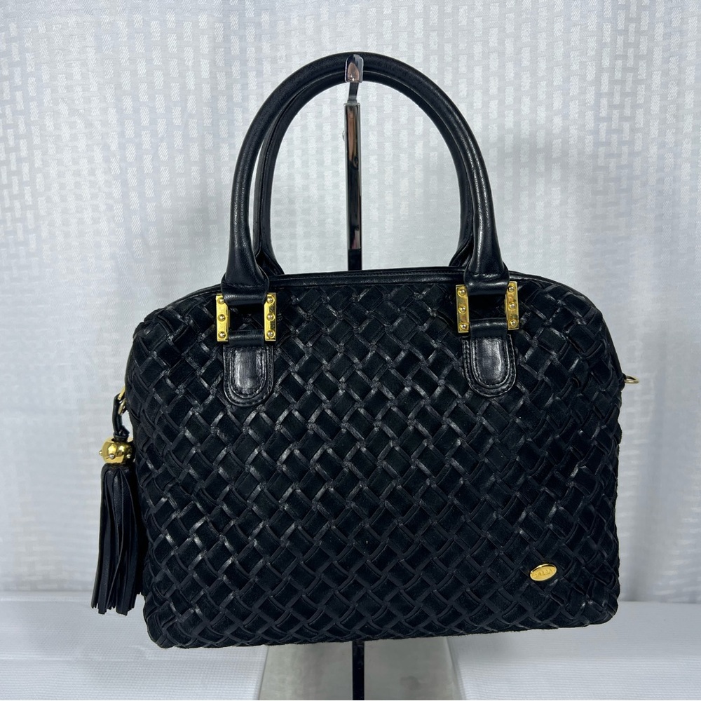 Vintage Bally Black Woven Leather Satchel with Tassel – Made in Italy